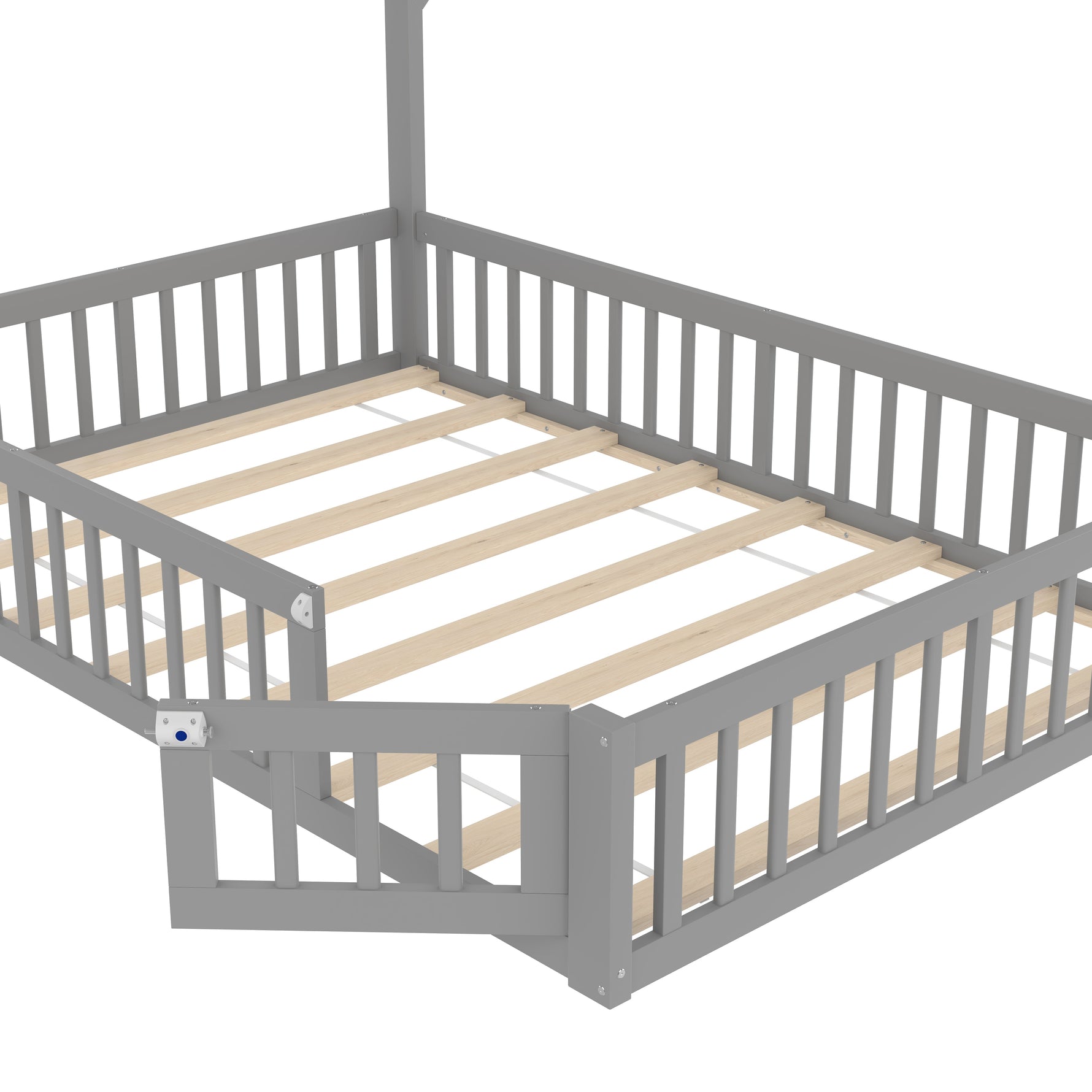 Children's Upholstered Bed with Chimney Shape and Slatted Base, 140x190cm, Grey Pine Wood
