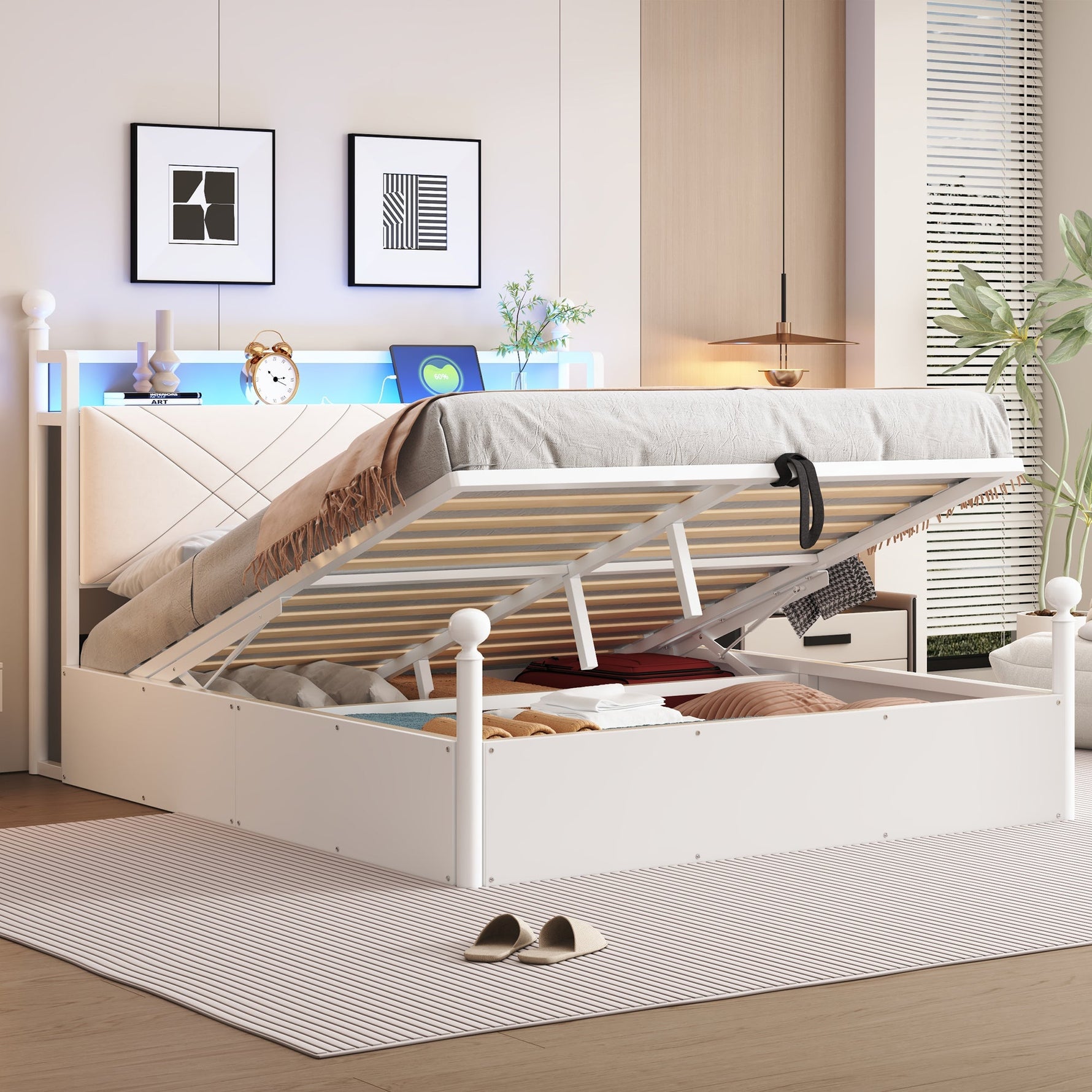 Multifunctional Double Bed with Hydraulic Storage, Canopy, LED and USB, 140x190cm, White Wrought Iron