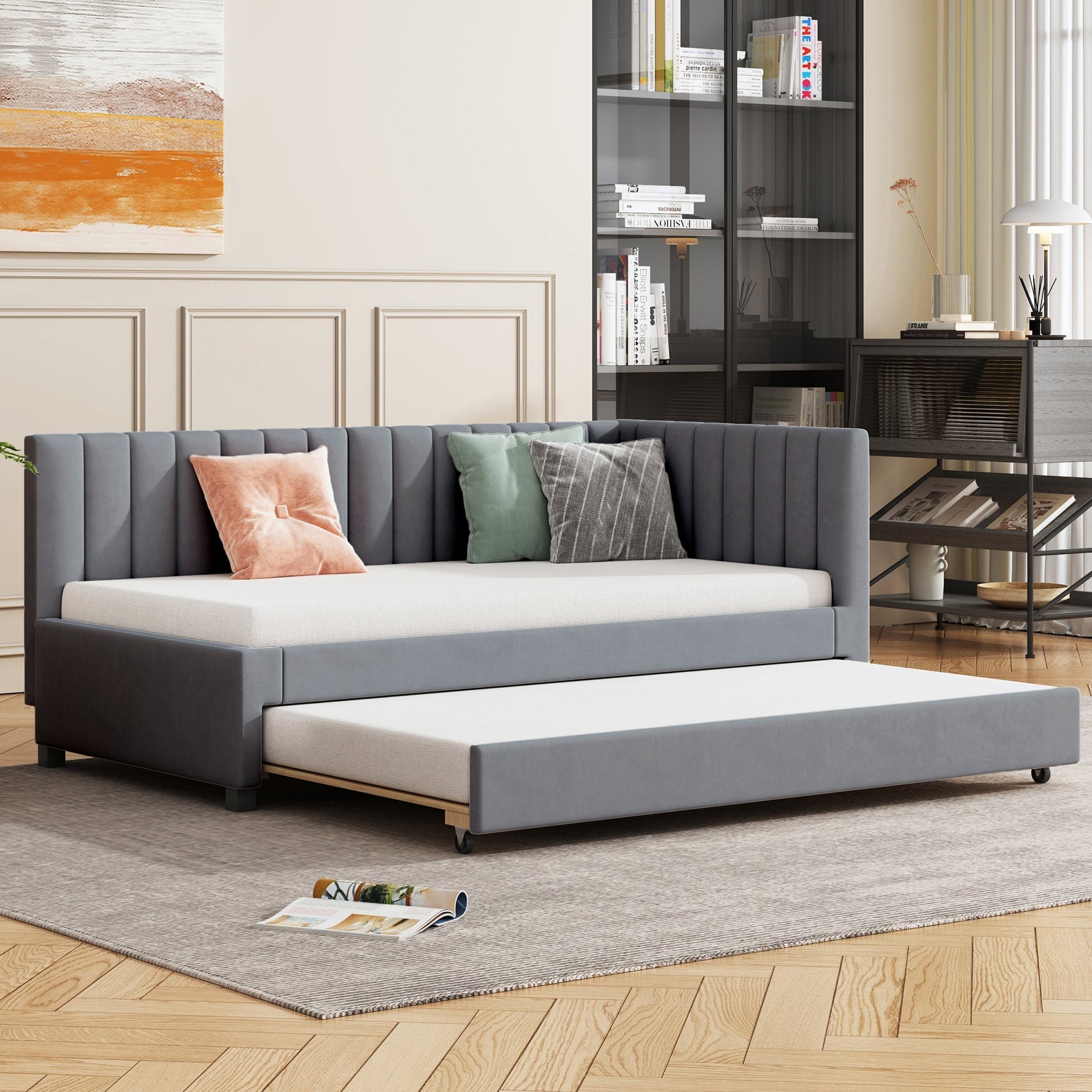 Upholstered Bed 90x200, Pull-Out Multifunctional Sofa Bed with Slatted Frame, Velvet Fabric Gray
