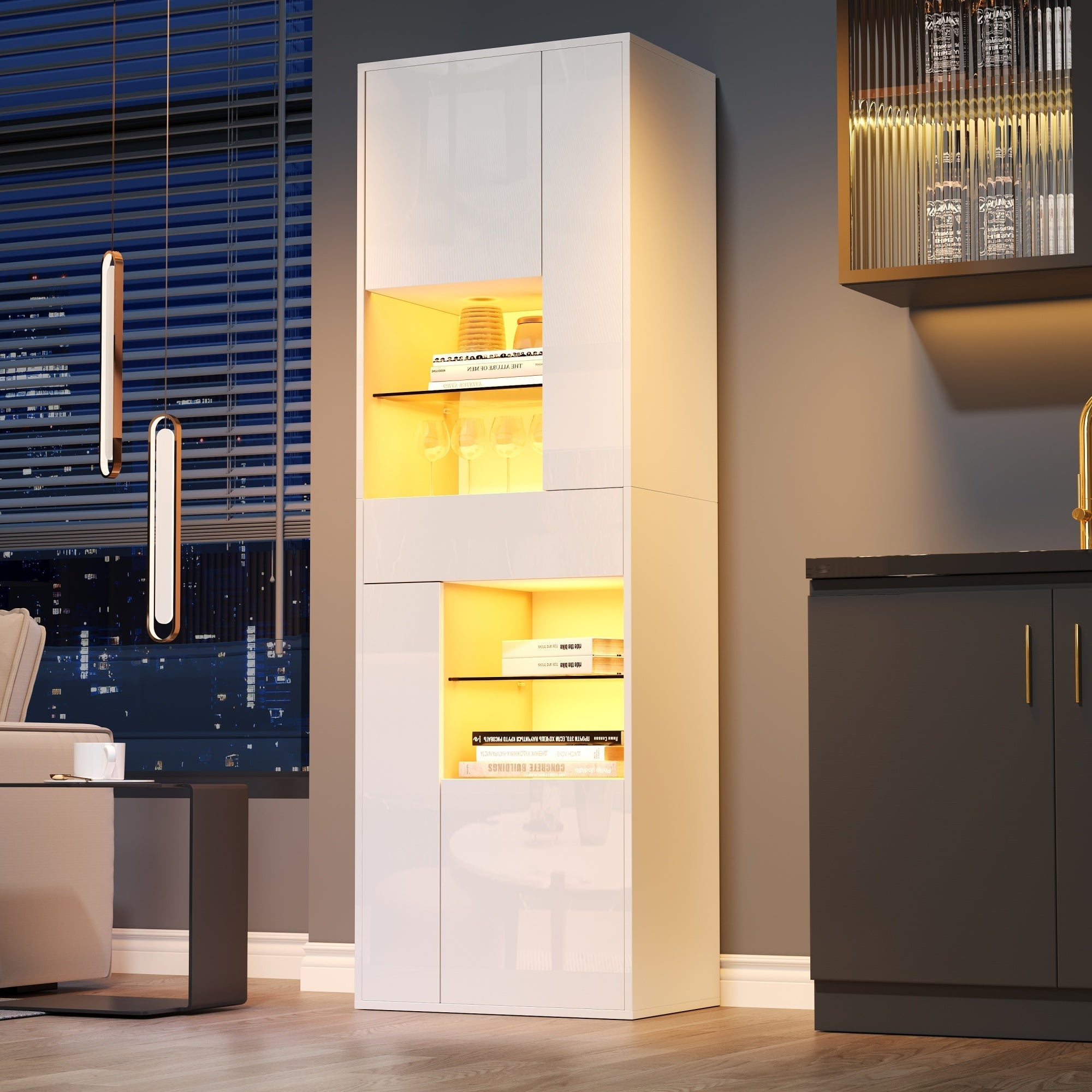 Display Cabinet Tall, LED High-Gloss 1 Drawer 4 Cabinets 55x38x170cm, White
