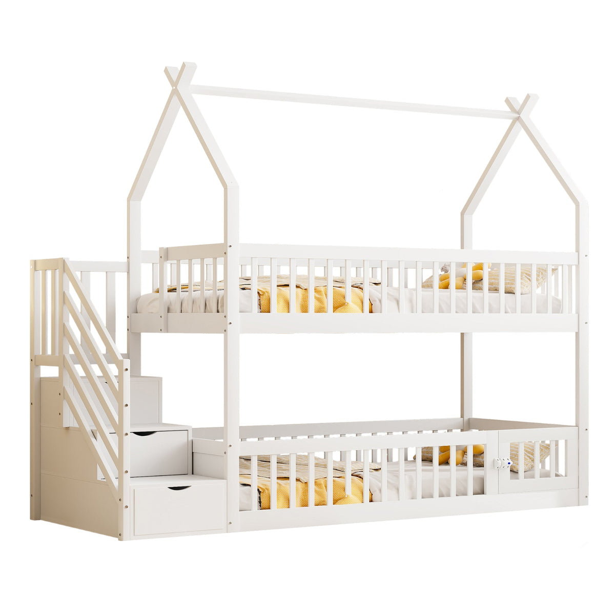 Children's Bunk Bed, 90x200, with Roof, Safety Ladder & Storage Drawers, Solid Wood White