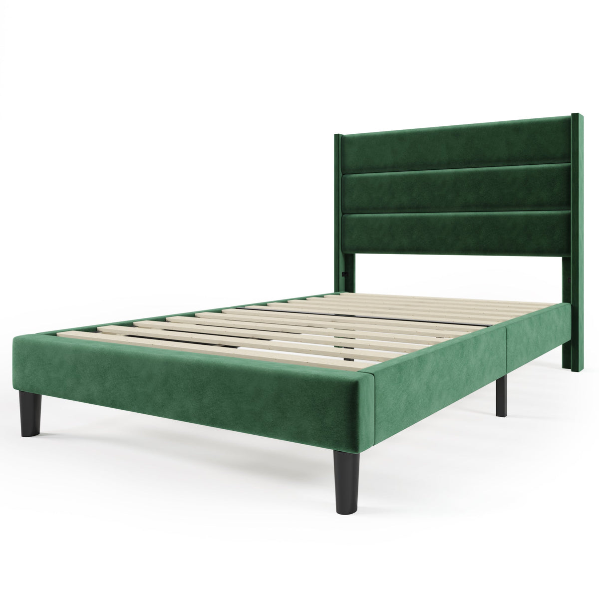 Upholstered Bed, 90x200cm Double with Slatted Frame & Headboard, Dark Green Velvet