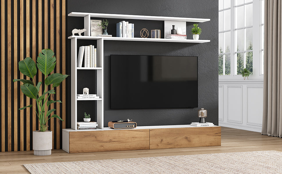 TV Wall Unit Set, Media Wall Display Cabinets Freestanding & Wall-Mounted for up to 80" TV, White + Wood Color