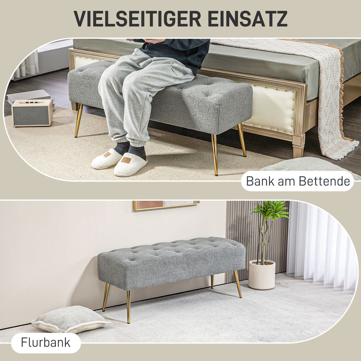 Upholstered Bench, Button Stitching, Steel Legs, Grey