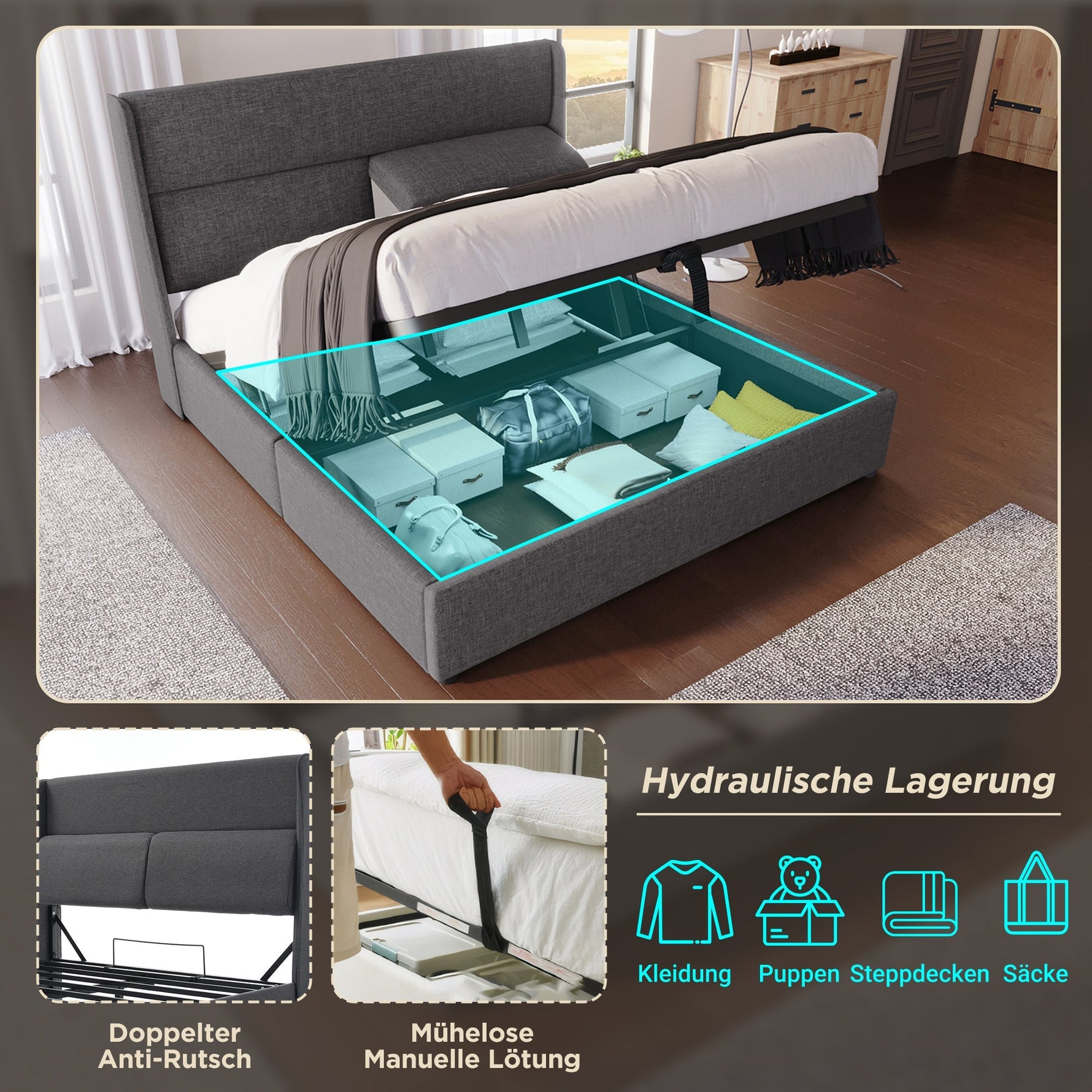 Upholstered Double Bed 160x200cm Hydraulic Storage Adjustable Headrests Linen Grey