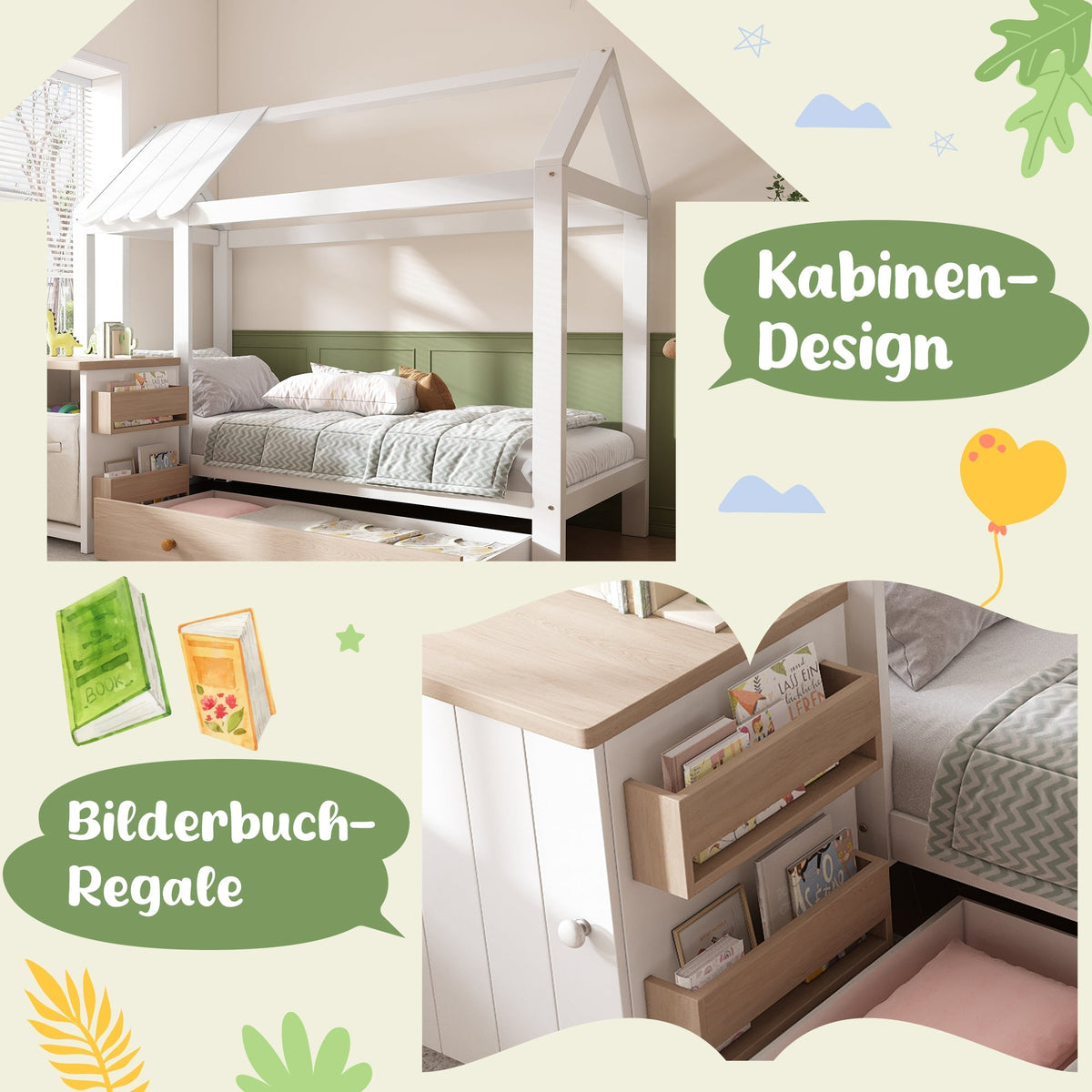 House Bed Children's Bed 90x200cm Solid Wood with Drawers & Removable Nightstand - White & Oak White