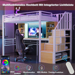 Loft Bed with Desk, Shelf, LED Lighting and Storage Stairs, 90x200cm, White Iron Frame