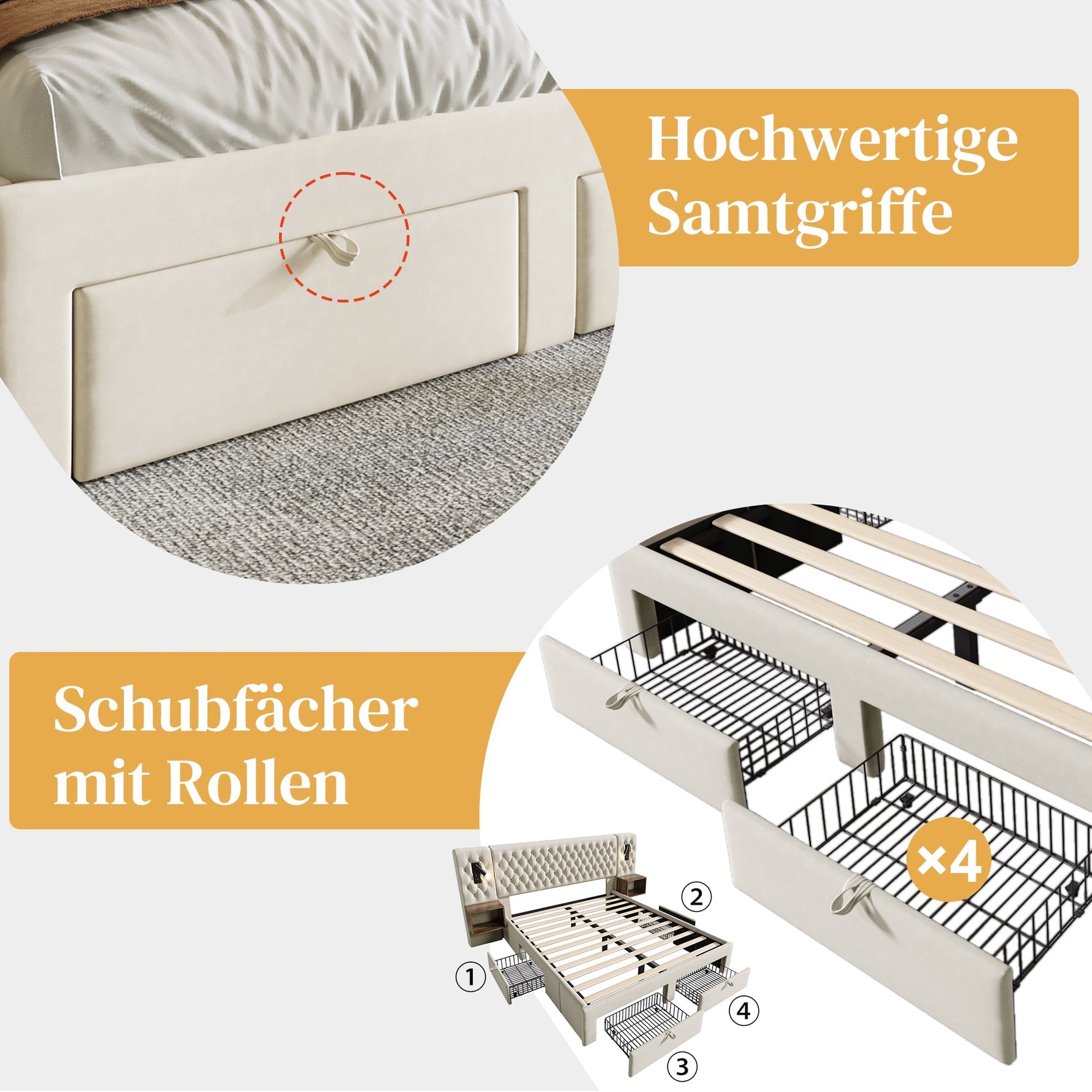 Bedroom Set, Upholstered Double Bed with 2 Nightstands & 4 Drawers, USB Reading Light, Beige Velvet
