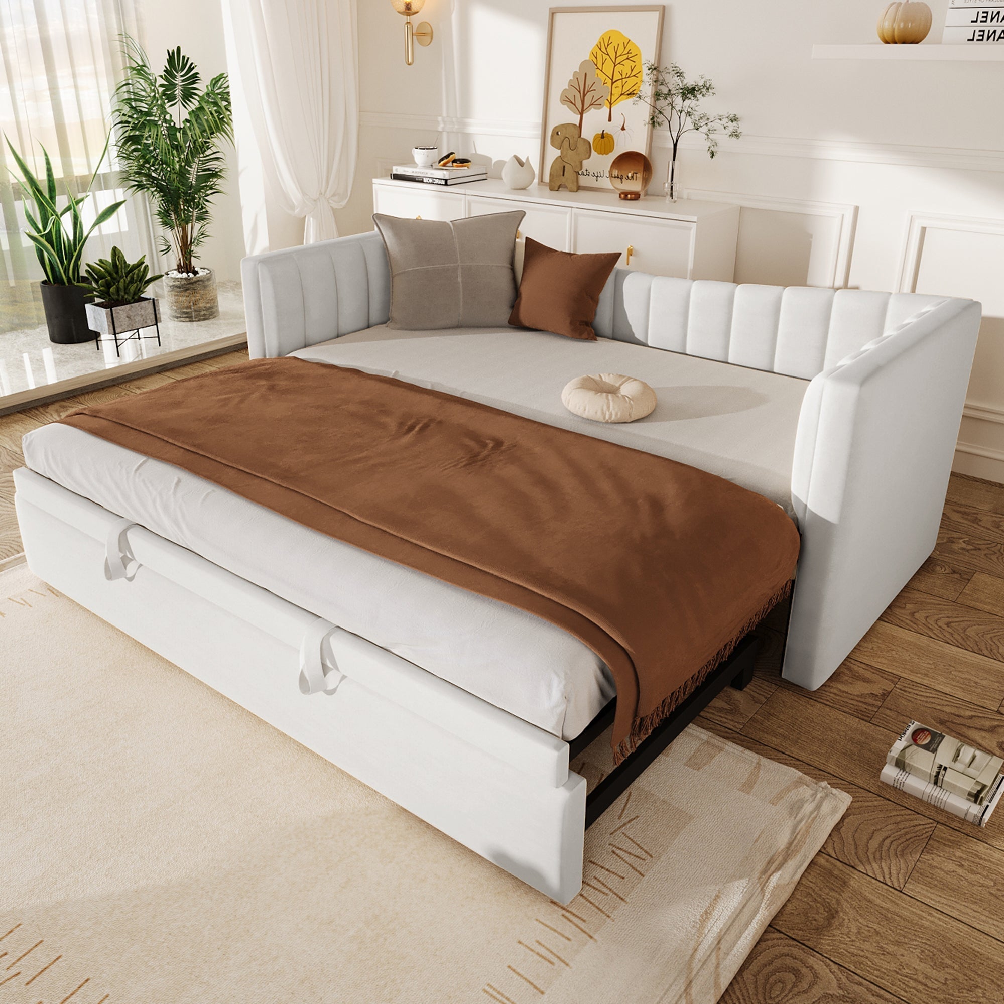 Upholstered Daybed Pull-Out Bed 90x200cm Extendable to 180x200cm Velvet White