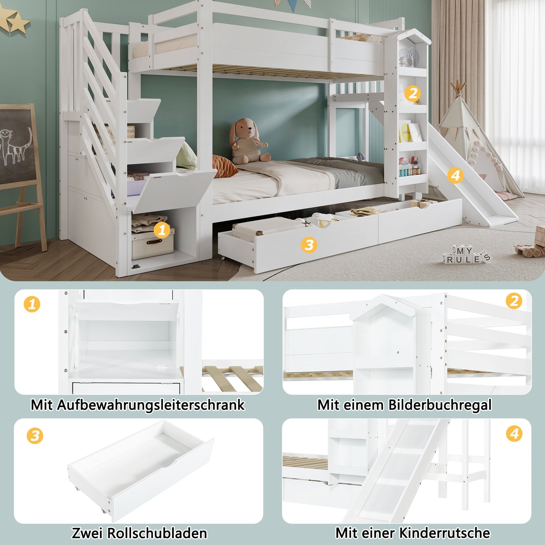 Bunk Bed with Slide, Stair Storage, Bookshelf and Drawers, 90x200cm, White Pine + MDF