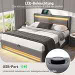 Upholstered Bed with USB Charging, LED Lighting and Storage, 140x190cm, Grey PU Leather