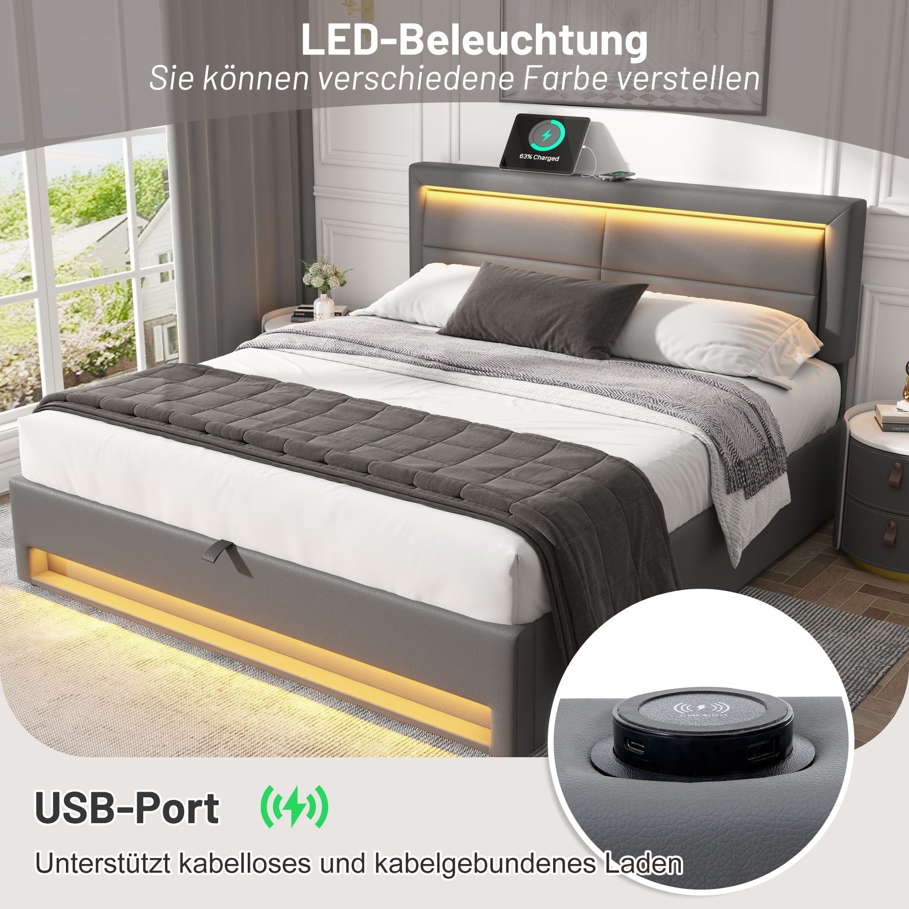 Upholstered Bed with USB Charging, LED Lighting and Storage, 140x190cm, Grey PU Leather