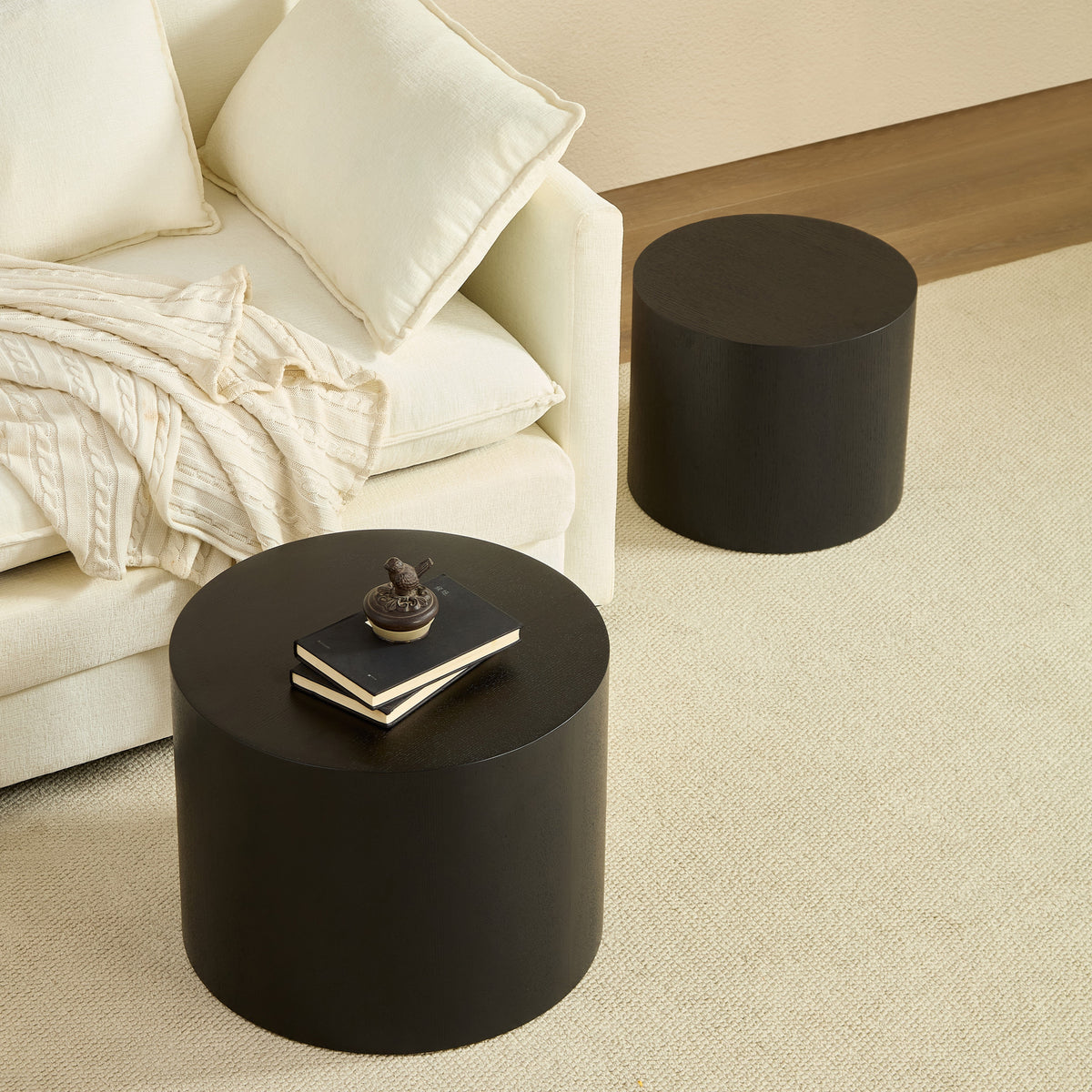 Modular Nesting Coffee Table Set of 2, Convertible and Space-Saving, Black and Oak or White Finish