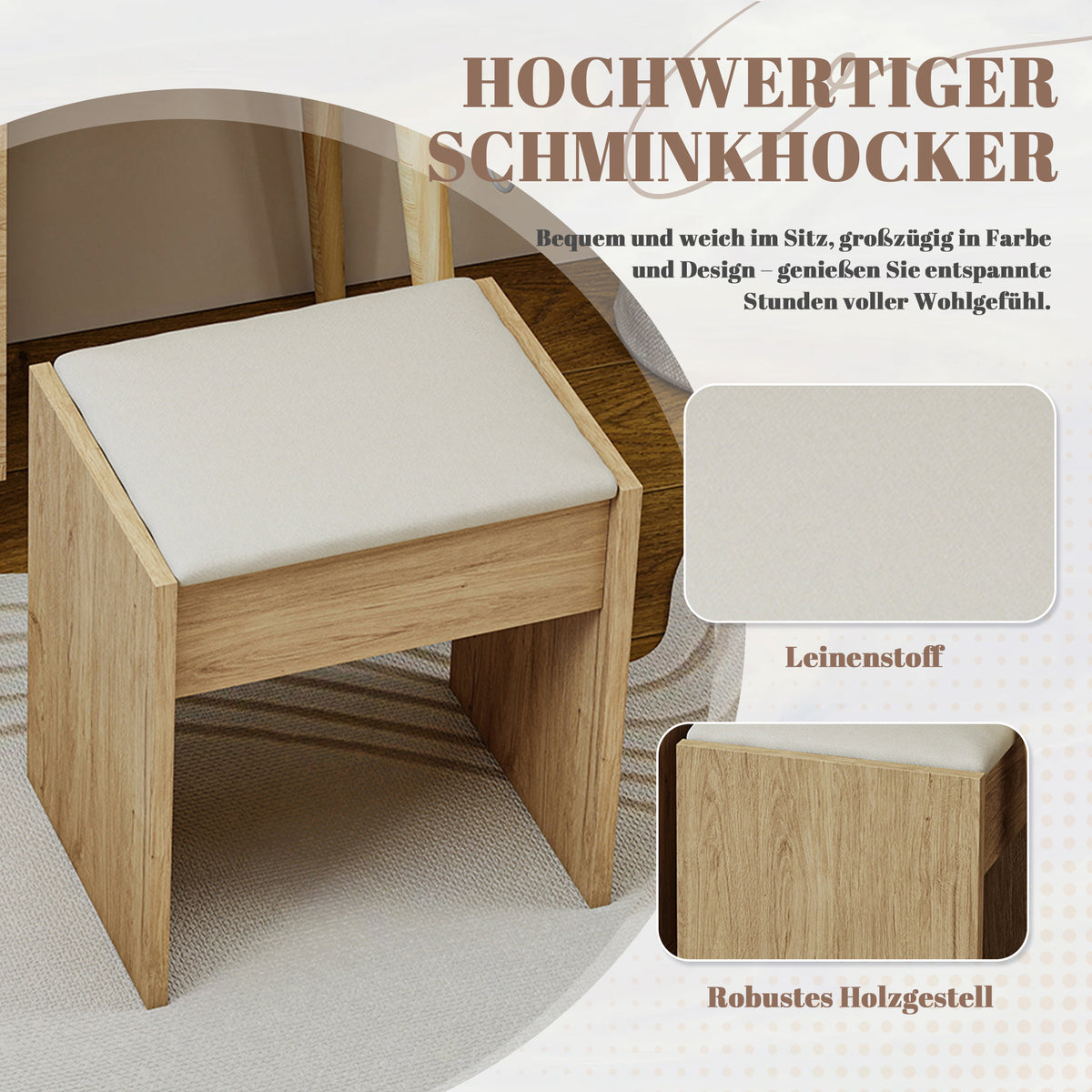 Modern Dressing Table with Retractable Mirror & Stool, Natural Wood