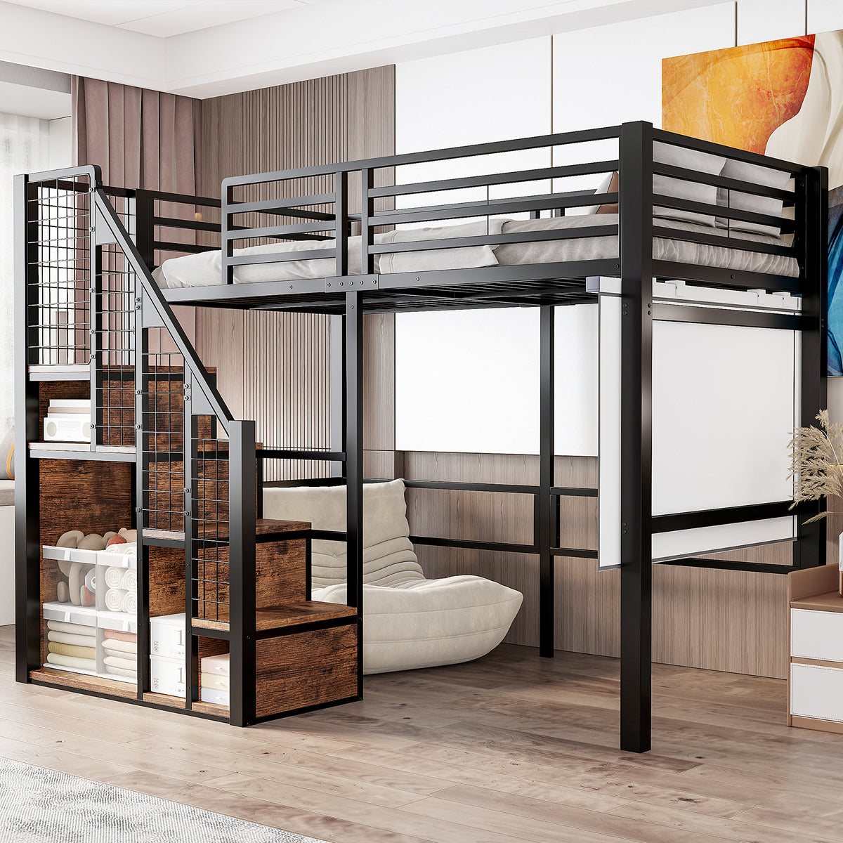 Bunk Bed with Safety Ladder 90x200 & Storage, Black Iron Frame