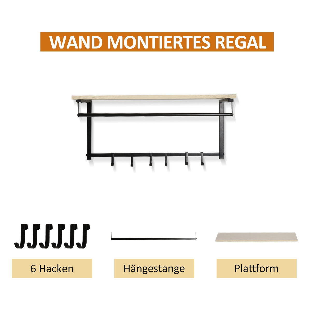 Hallway Wardrobe Set, 2-in-1, Bench & Coat Rack, 6 Hooks, Natural + Black