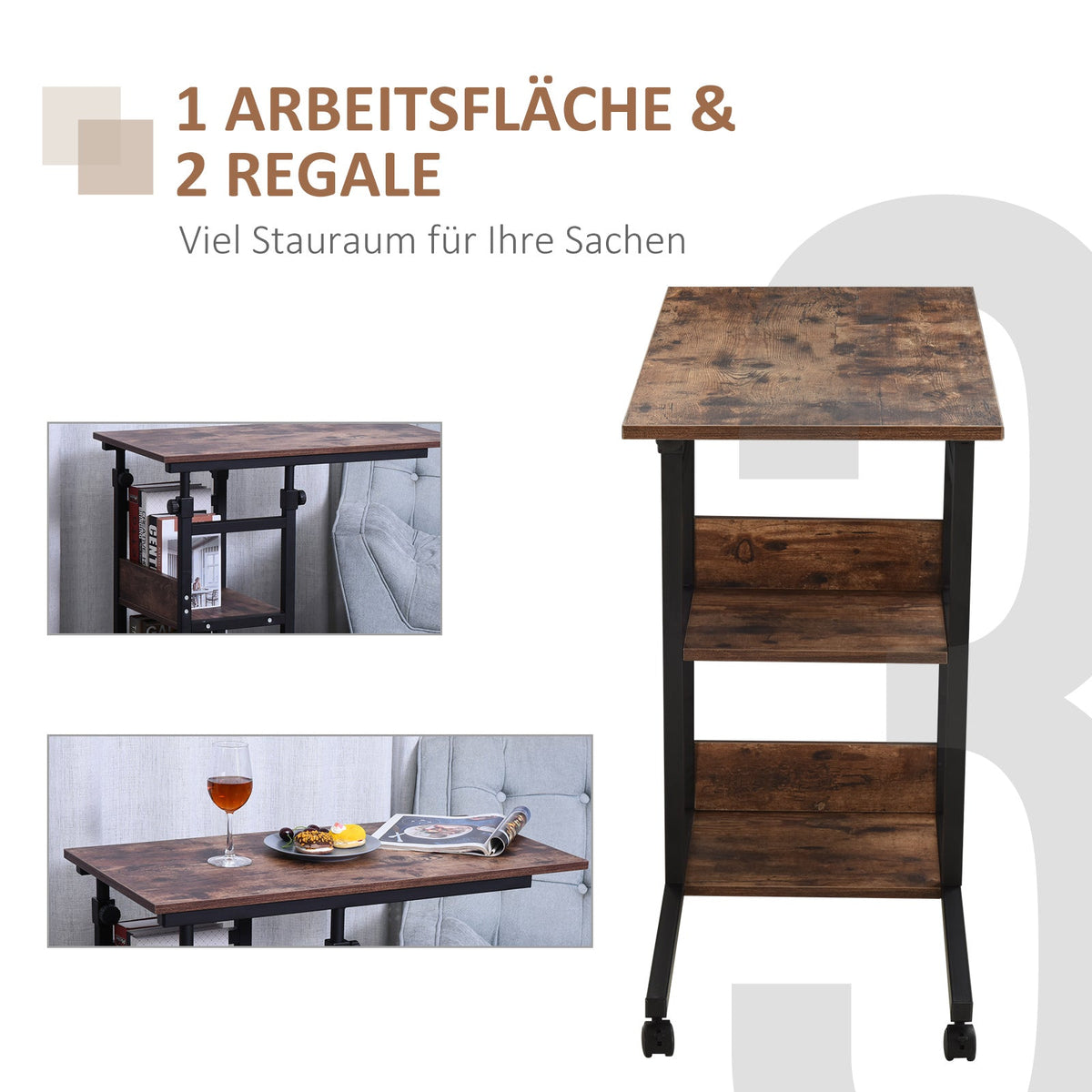 Side Table, Height-Adjustable Coffee Table 80x40x72-82 cm 2 Shelves Black Metal