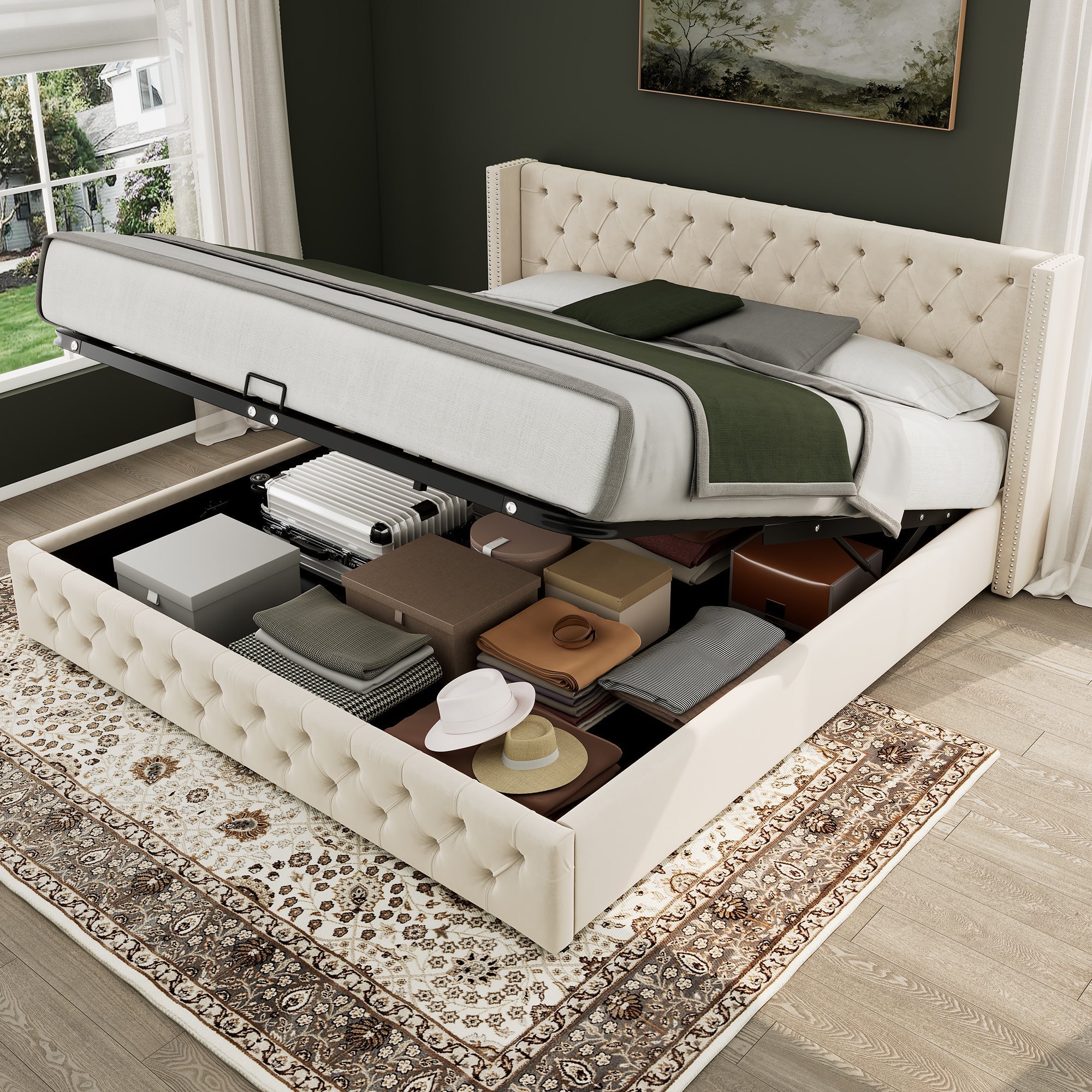 Upholstered Bed 160x200cm Hydraulic Storage Studs Ear Shape - Velvet Beige