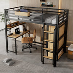 Iron Loft Bed, 90x200cm, Wardrobe Desk Stairs Storage, Black/Natural Iron + MDF