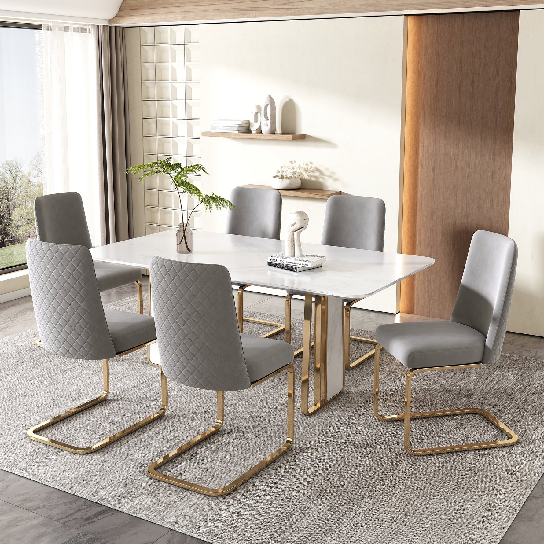 Velvet Dining Chair Set of 2 Diamond Back Gold Metal Legs - Grey