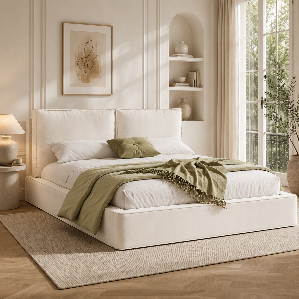 Upholstered Double Bed 160x200cm, Slatted Base, Beige Chenille