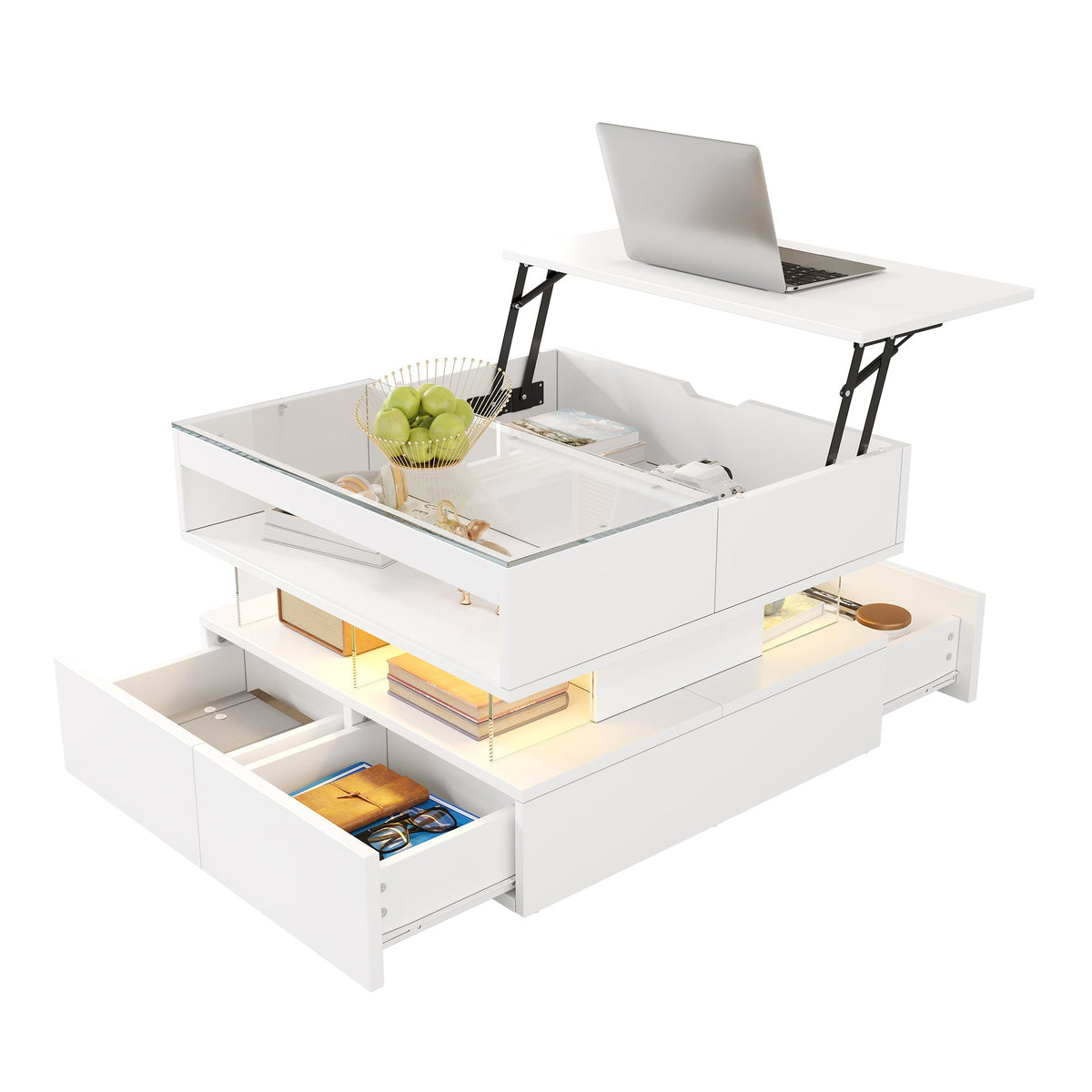 Coffee Table, Height-Adjustable with 16-Color Lighting, Glass & Acrylic