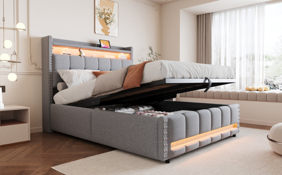 Upholstered Bed 140x200cm, LED & USB, Hydraulic Storage, Light Grey Linen