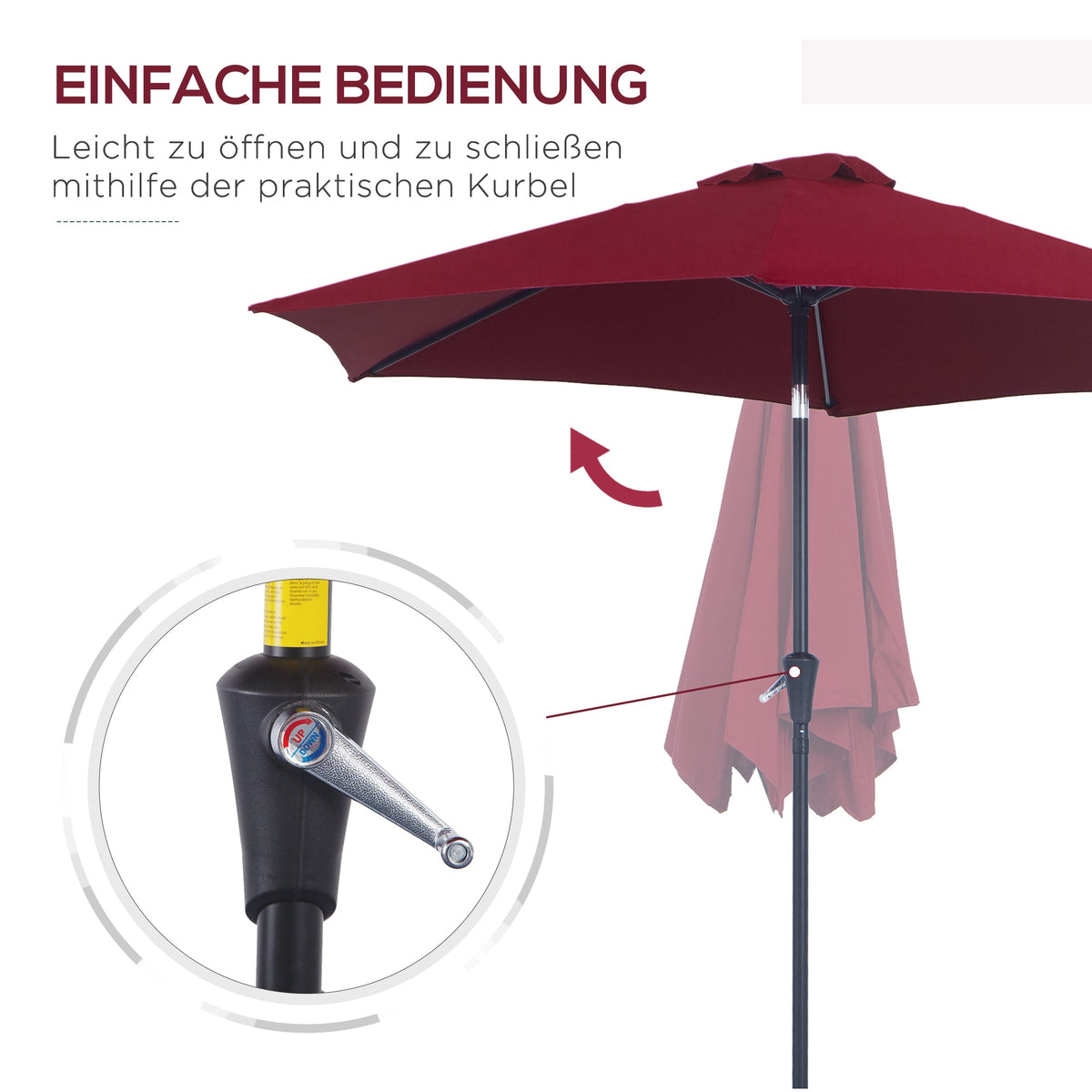 Folding Parasol Garden Umbrella 2.6m Aluminum Hand Crank, Red Polyester