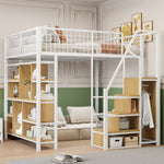 Multifunctional Loft Bed 140x200cm Storage Shelves Stairs Adults/Kids Metal White