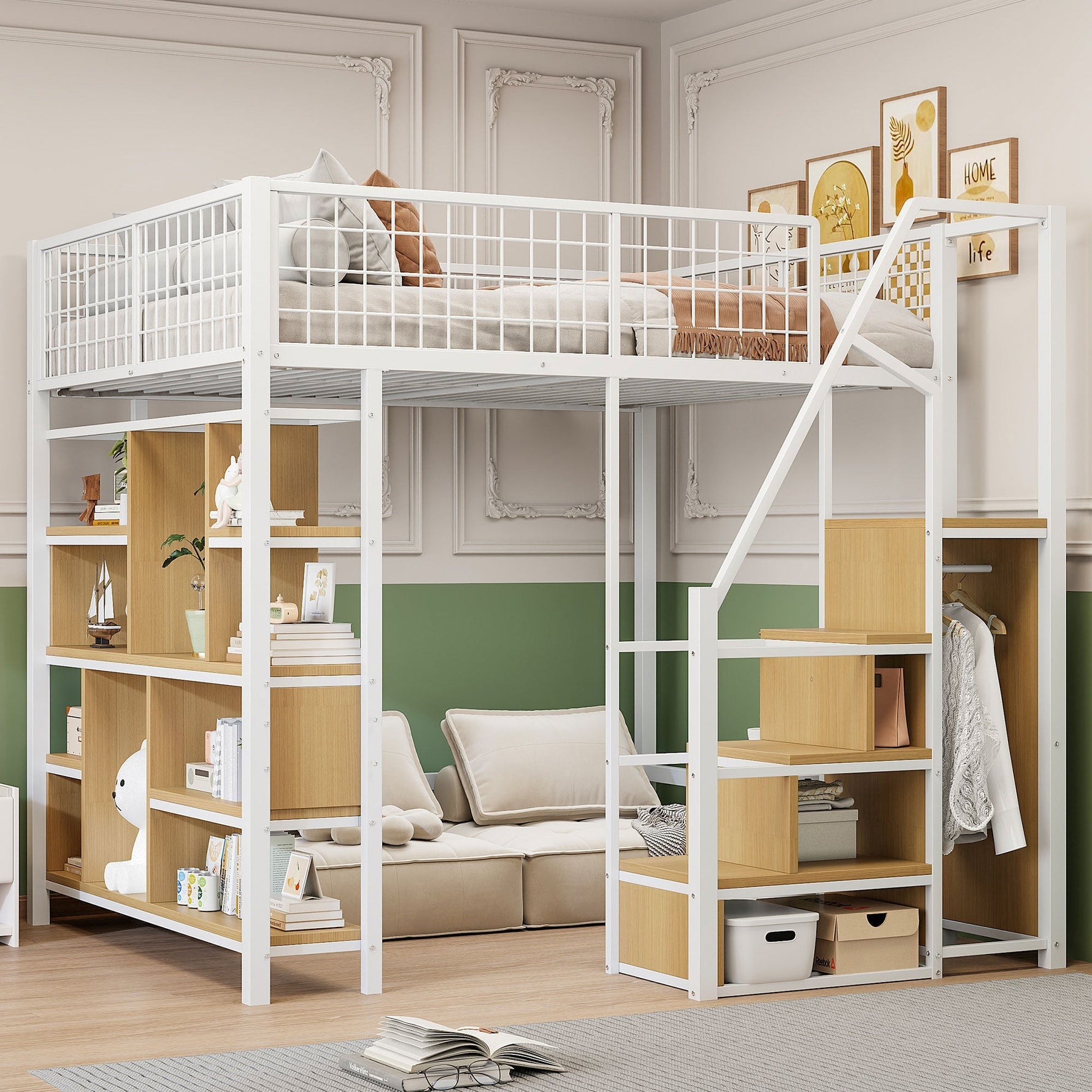 Multifunctional Loft Bed 140x200cm Storage Shelves Stairs Adults/Kids Metal White