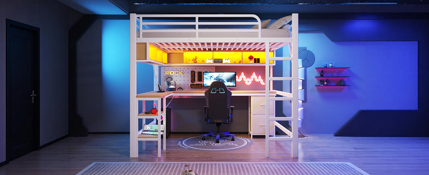 Loft Bed 140x200cm Gaming Desk Wardrobe Bookshelf USB LED Metal White