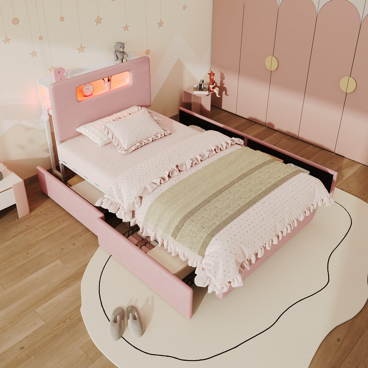 Children's Upholstered Bed 90x200cm with 4 Drawers & LED, Pink