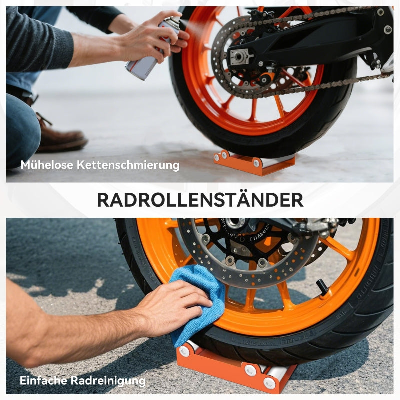 Motorcycle Cleaning Stand, Roller Stand, Tire Cleaning & Chain Lubrication, Orange