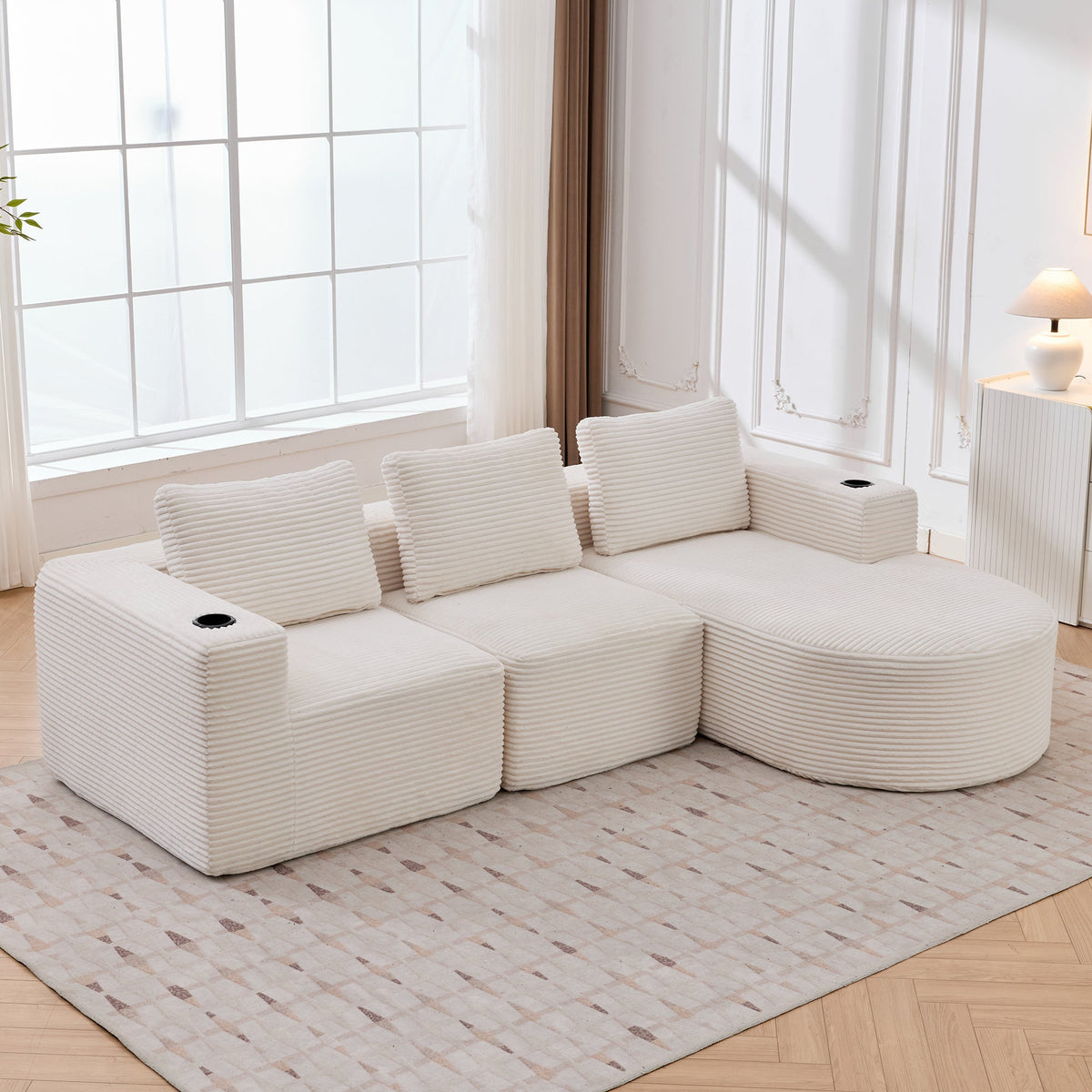Double Sofa with 3 Pillows and 2 Cup Holders, 265cm Wide Fully Compressed, Feather and Plastic