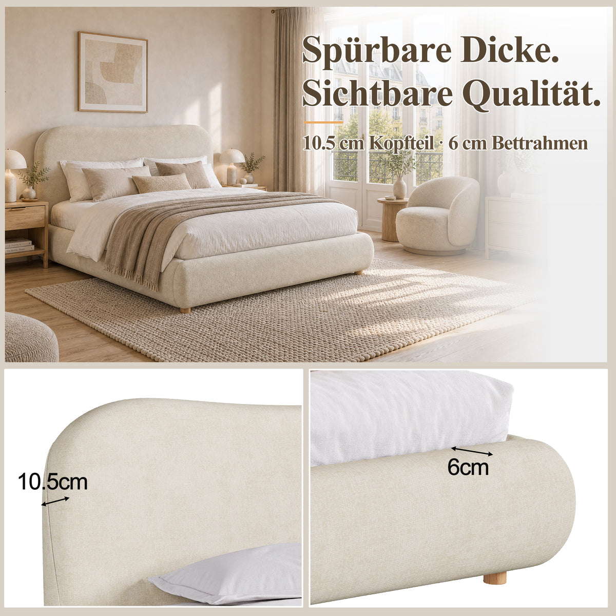 Upholstered Double Bed 160x200cm Hydraulic Storage, Beige Chenille