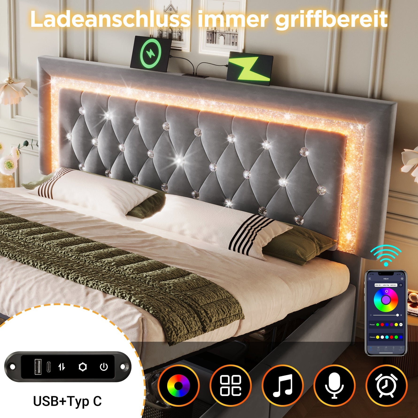 Upholstered Bed 160x200 cm with LED, USB Charging and Hydraulic Storage (with Mattress), Grey Velvet
