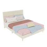 Modern Double Bed 140x200cm with Plaid Headboard, Dark Gray Fabric