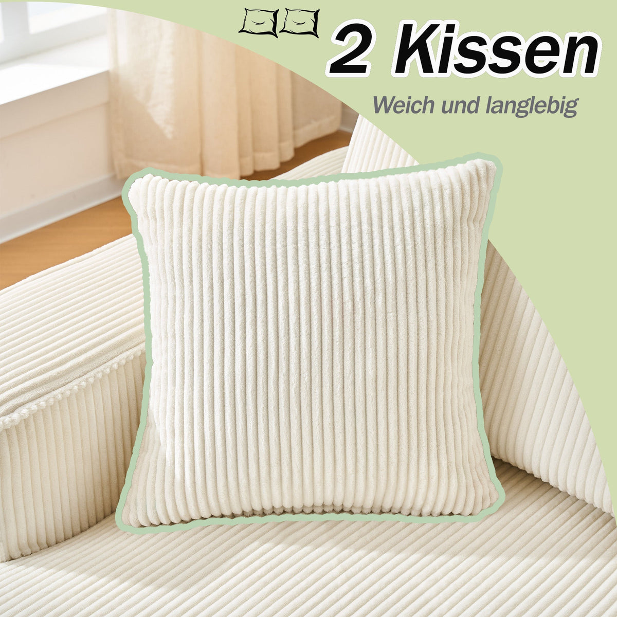 Modular L-shaped Corner Sofa 2-Seater Chaise Longue Corduroy Beige