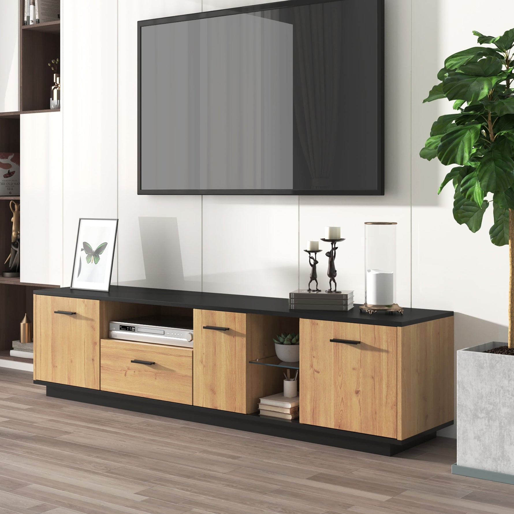 TV Cabinet 1 Drawer 3 Doors Glass Compartments Fine Texture 16 LED Lights, Black/Natural Wood