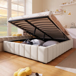 Upholstered Bed with Hydraulic Storage and No Headboard, 140x200cm, Beige