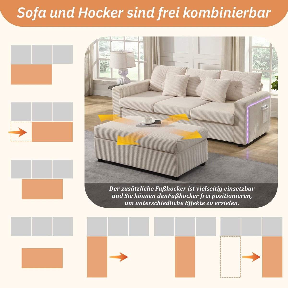 Sofa, Modern LED Combination with Cloud-Like Seating, 3-Seater + Ottoman, Modular L-Shaped
