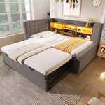 Upholstered Bed with Pull-Out Bed and LED Storage Headboard, Grey Linen