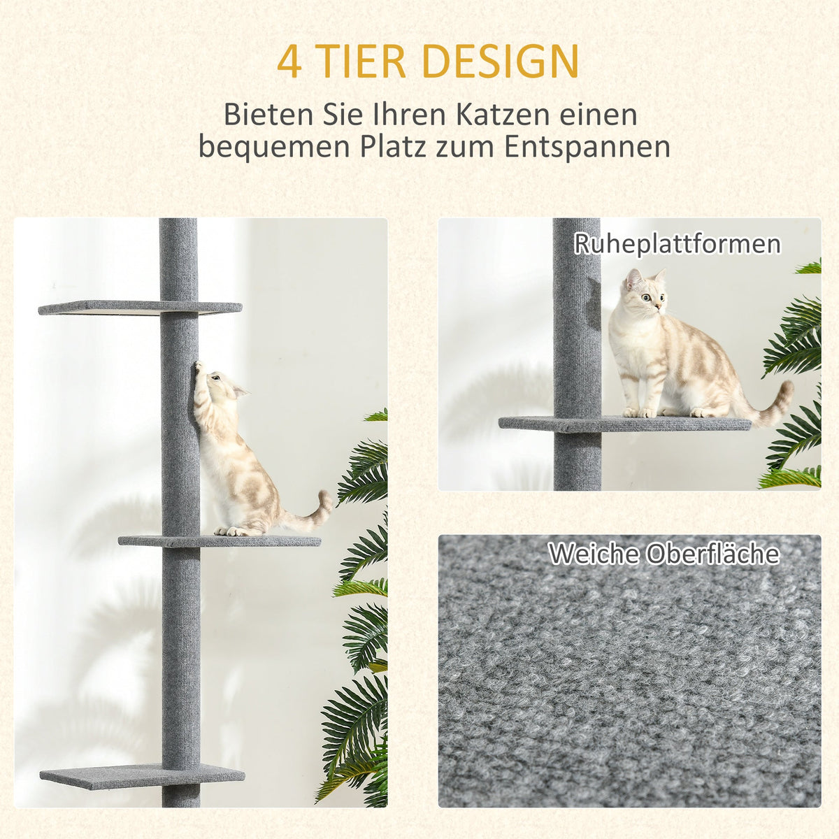 Cat Tree, Height-Adjustable Ceiling-High Climbing, Gray