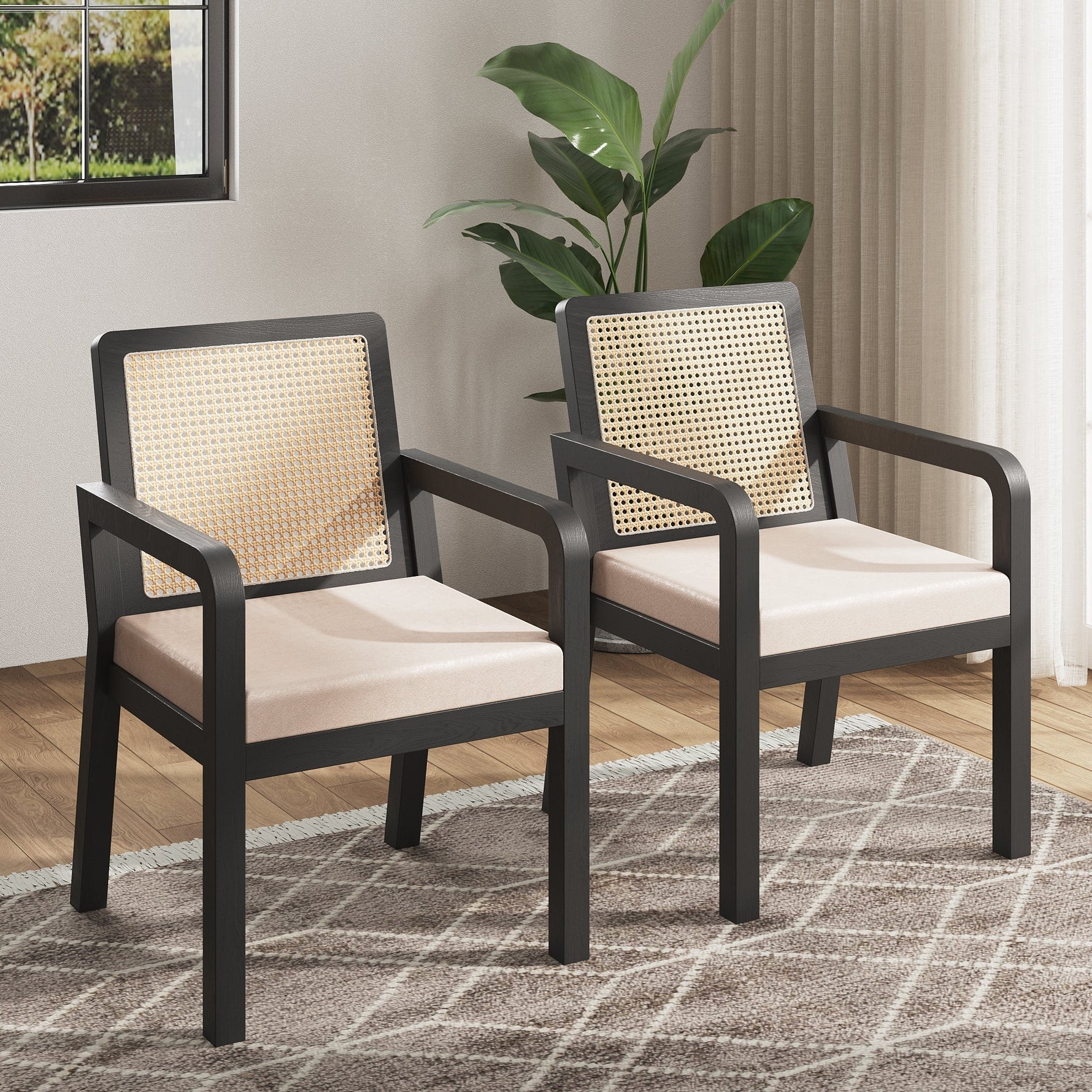 Dining Chair Set of 2 Rattan Backrest Rubberwood Legs - Velour Fabric