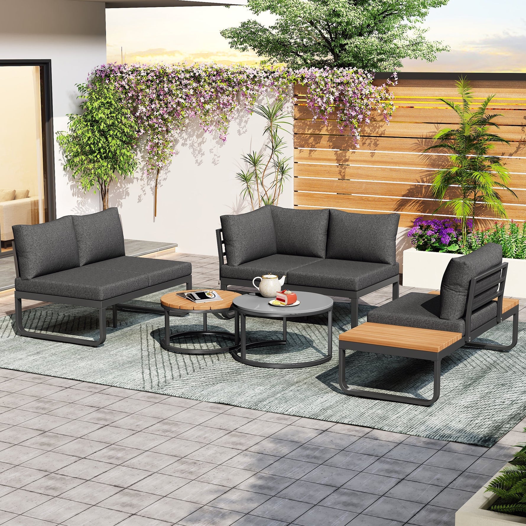 Garden Furniture Set 4-5 Seater with 2 Stackable Coffee Tables Adjustable Legs Galvanized Iron Grey