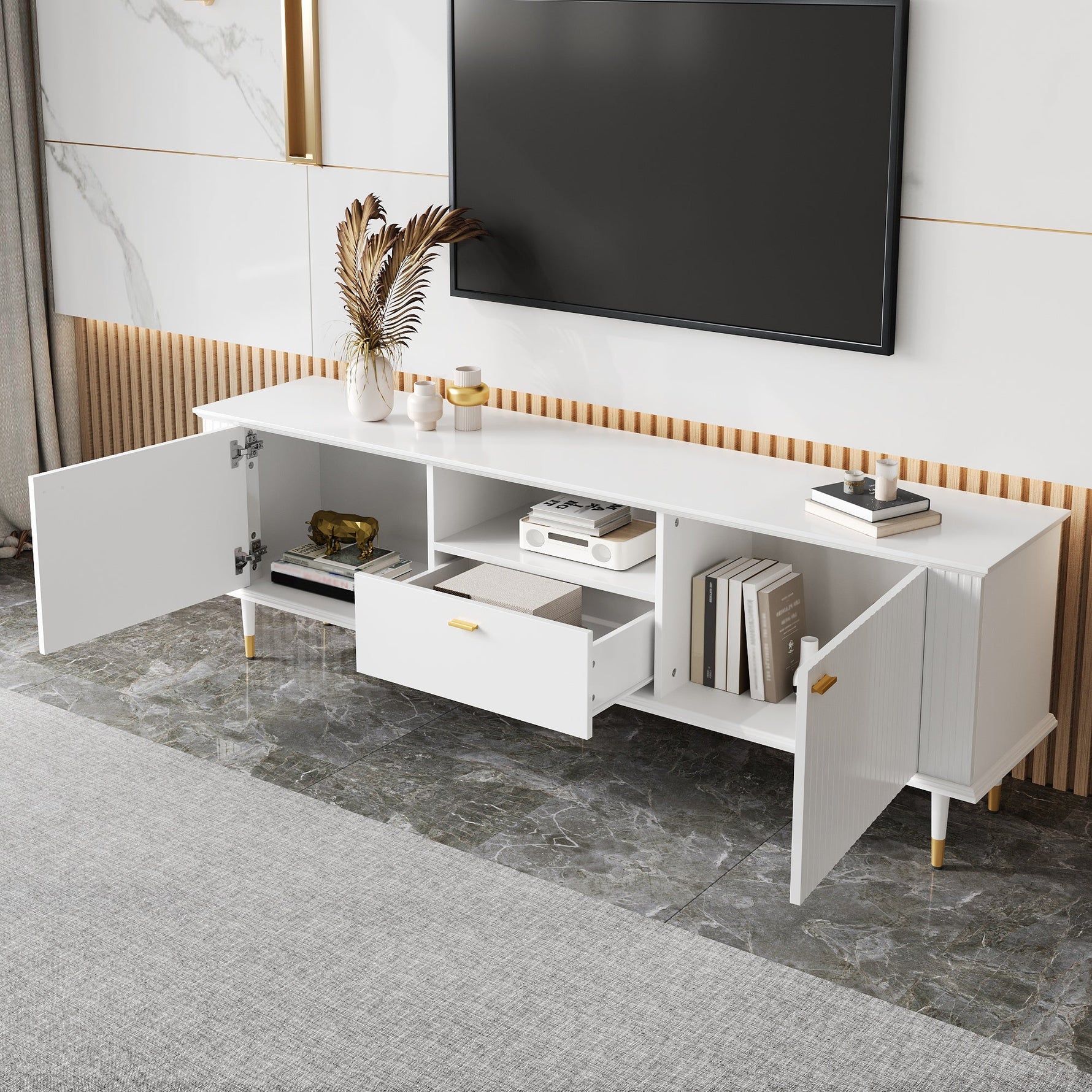 TV Cabinet with Open Compartments, Drawers, Soft-Close Hinges, Lacquered Textured Surface