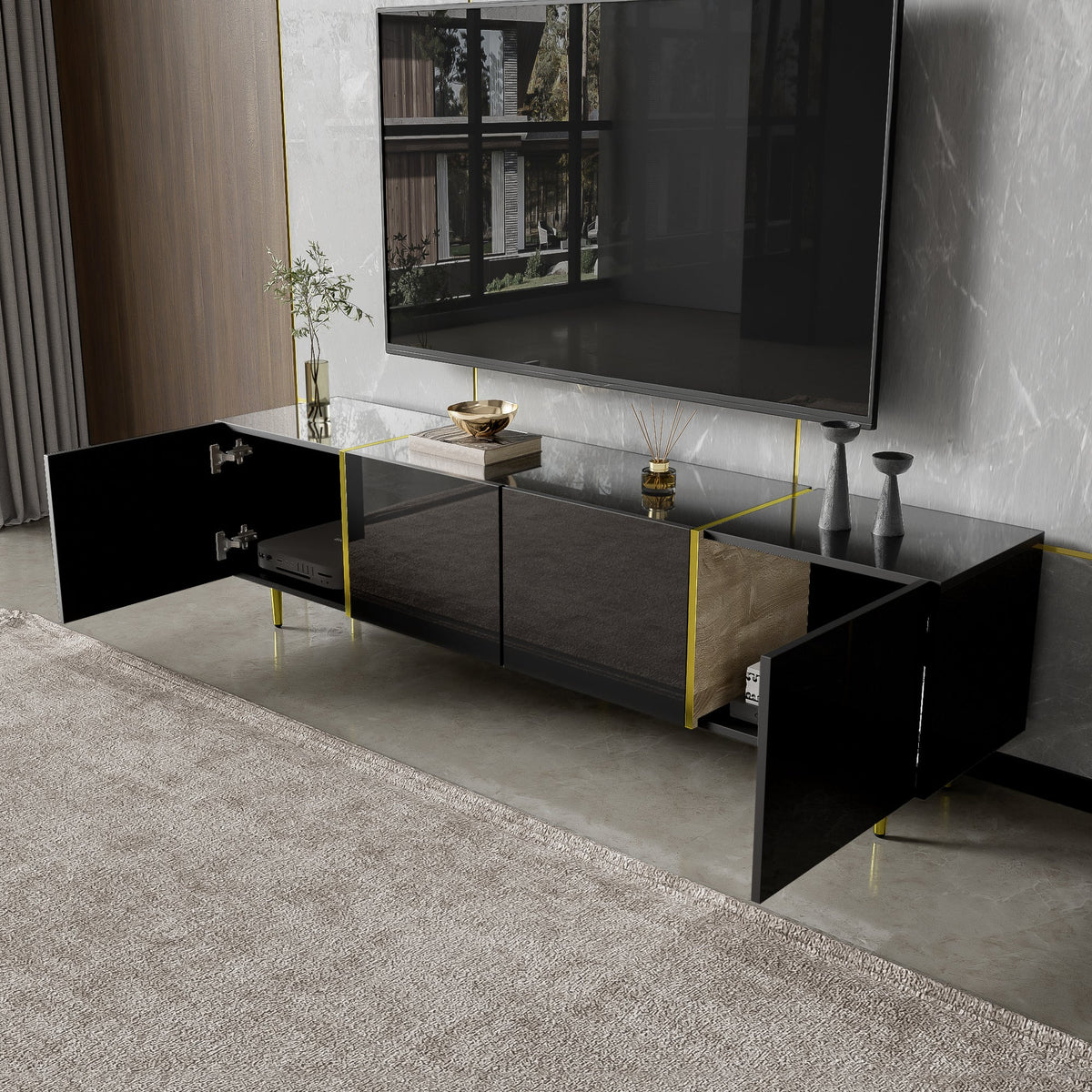 TV Cabinet, Modern 4-Door, High-Gloss Black and Gold