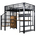 Iron Loft Bed 140x200cm with Desk, Pegboard & LED, Black