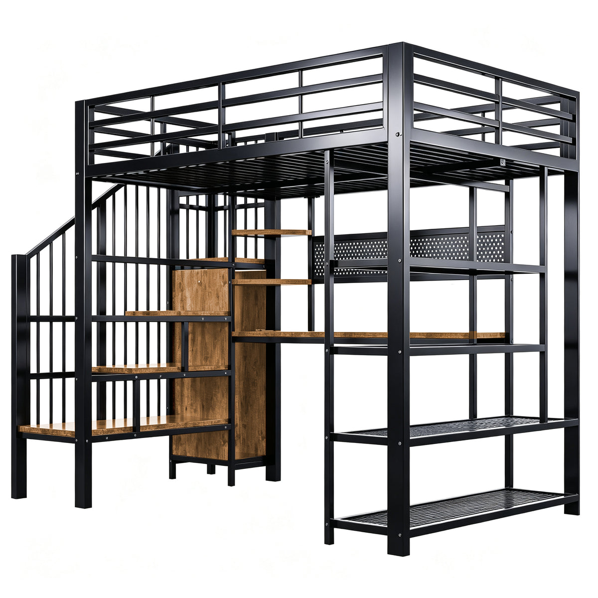 Iron Loft Bed 140x200cm with Desk, Pegboard & LED, Black