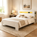 Wooden Bed Frame with Storage Headboard & LED, 140x200 cm, White